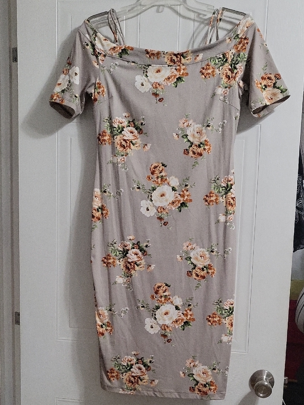 Haute Monde Taupe Floral Off-Shoulder Midi Dress